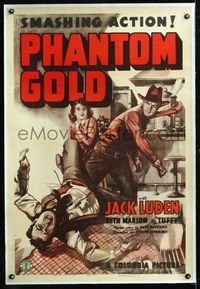 5z265 PHANTOM GOLD linen 1sh '38 cool art of hero Jack Luden knocking bad guy down, smashing action!