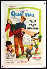 5z277 QUIET MAN linen 1sh R57 great image of John Wayne carrying Maureen O'Hara, John Ford