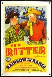 5z279 RAINBOW OVER THE RANGE linen 1sh '40 stone litho of Tex Ritter getting tough with bad guy!