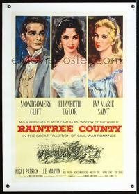 5z280 RAINTREE COUNTY linen 1sh '57 art of Montgomery Clift, Elizabeth Taylor & Eva Marie Saint!
