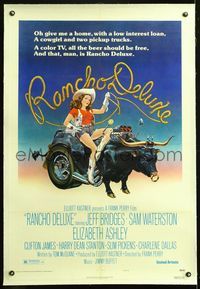 5z281 RANCHO DELUXE linen style B 1sh '75 John Alvin art of sexy cowgirl riding wacky bull car!