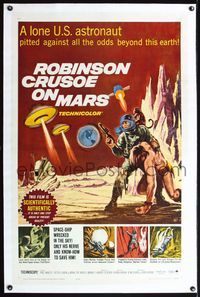 5z293 ROBINSON CRUSOE ON MARS linen 1sh '64 cool art of Paul Mantee & his man Friday Victor Lundin!