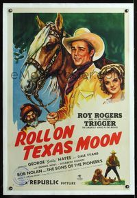 5z295 ROLL ON TEXAS MOON linen 1sh '46 art of Roy Rogers with Trigger, Dale Evans & Gabby Hayes!