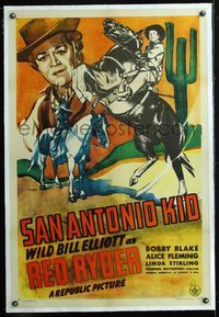 5z300 SAN ANTONIO KID linen 1sh '44 Wild Bill Elliott as Red Ryder + Native American Bobby Blake!