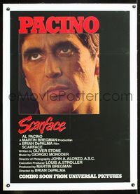5z304 SCARFACE linen advance 1sh '83 c/u of Al Pacino as Tony Montana, Brian De Palma, Oliver Stone