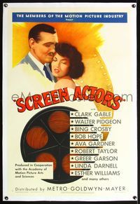 5z305 SCREEN ACTORS linen 1sh '50 romantic art of Clark Gable & Ava Gardner + cool film reel!
