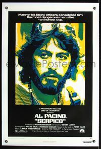 5z308 SERPICO linen 1sh '74 cool close up image of Al Pacino, Sidney Lumet crime classic!
