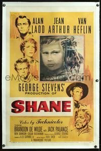 5z311 SHANE linen 1sh '53 most classic western, Alan Ladd, Jean Arthur, Van Heflin, Brandon De Wilde