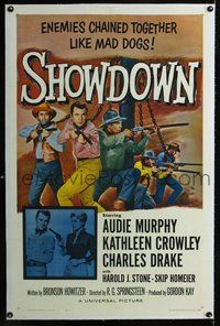 5z312 SHOWDOWN linen 1sh '63 Audie Murphy & enemies chained together + pretty Kathleen Crowley w/gun