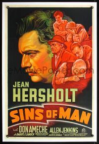 5z317 SINS OF MAN linen 1sh '36 close up stone litho of ultra sad aged Jean Hersholt & top cast!