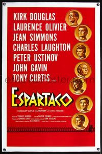 5z321 SPARTACUS linen Spanish/U.S. 1sh '61 classic Stanley Kubrick epic, art of Douglas & stars on coins!
