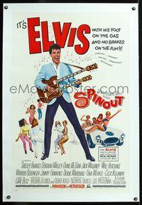 5z322 SPINOUT linen 1sh '66 Elvis playing double-neck guitar, foot on the gas, no brakes on the fun!