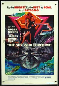 5z323 SPY WHO LOVED ME linen 1sh '77 great art of Roger Moore as James Bond 007 by Bob Peak!