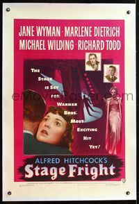 5z324 STAGE FRIGHT linen 1sh '50 sexy Marlene Dietrich, Jane Wyman, Alfred Hitchcock