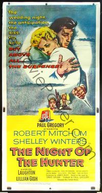 6a142 NIGHT OF THE HUNTER linen 3sh '55 Robert Mitchum, Shelley Winters, Laughton classic noir!