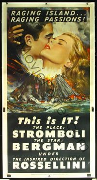 6a147 STROMBOLI linen 3sh '50 Ingrid Bergman, directed by Roberto Rossellini, cool volcano art!