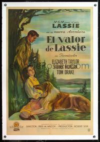 6a253 COURAGE OF LASSIE linen Argentinean '46 artwork of Elizabeth Taylor laying with famous canine!