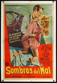6a261 TOUCH OF EVIL linen Argentinean '58 Orson Welles, art of Charlton Heston & Janet Leigh on bed!