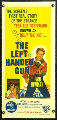 6a221 LEFT HANDED GUN linen Aust daybill '58 great stone litho of Paul Newman as Billy the Kid!