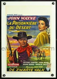 6a434 SEARCHERS linen Belgian '56 different art of John Wayne with rifle & pretty Natalie Wood!