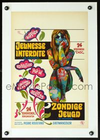 6a438 TEENAGERS linen Belgian '68 art of sexy painted girl with psychedelic tattoos, Beatles!