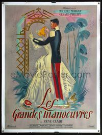 6a011 GRAND MANEUVER linen French 1p '55 Rene Clair, art of Michele Morgan & Philipe by Rene Peron!
