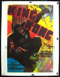 6a013 KING KONG linen French 1p R70s art of ape with Fay Wray on Empire State from 1938 re-release!