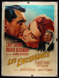 6a016 NOTORIOUS linen French 1p R63 different c/u art of Cary Grant & Ingrid Bergman by Roger Soubie