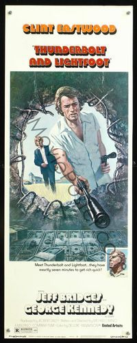 6a109 THUNDERBOLT & LIGHTFOOT insert '74 cool different art of Clint Eastwood with two guns & cash!