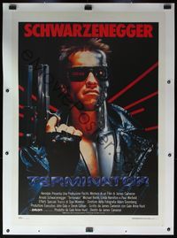 6a389 TERMINATOR linen Italian 1p '85 close up of most classic cyborg Arnold Schwarzenegger w/gun!