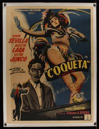 6a173 COQUETA linen Mexican poster '49 art of sexy barely-dressed showgirl Ninon Sevilla by Juanino!