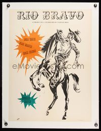 6a171 RIO BRAVO linen Romanian '59 Howard Hawks, cool art of cowboy John Wayne on horseback!
