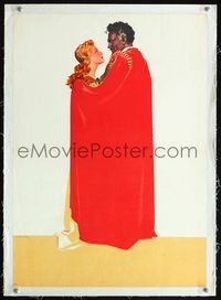 6a192 OTHELLO linen red robe Russian 16x23 '56 full-length art of Moor holding Desdemona in robe!