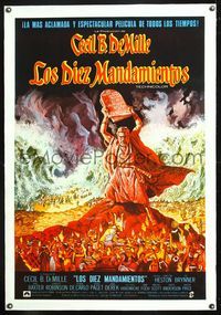 6a199 TEN COMMANDMENTS linen Spanish R72 Cecil B. DeMille, art of Charlton Heston holding tablets!