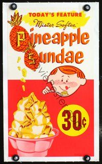 6a167 MISTER SOFTEE PINEAPPLE SUNDAE linen special 9x16 poster '60 art of happy kid eating ice cream