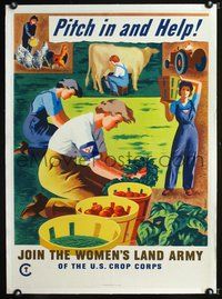 6a052 JOIN THE WOMEN'S LAND ARMY linen war poster '44 asking women to pitch in and help, Morley art!