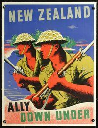 6a055 NEW ZEALAND ALLY DOWN UNDER linen war poster '42 cool art of Kiwi infantrymen by Duco!