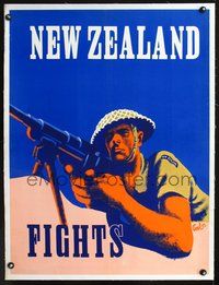 6a056 NEW ZEALAND FIGHTS linen war poster '42 art of Kiwi infantryman aiming machine gun by Peel!