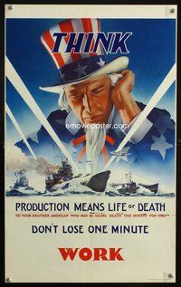 6a059 PRODUCTION MEANS LIFE OR DEATH war poster '42 art of Uncle Sam over Navy ships by Chickering!