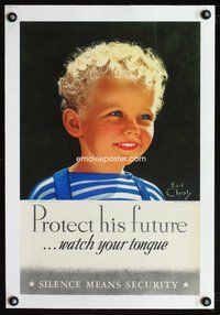 6a060 PROTECT HIS FUTURE linen war poster '43 art of young boy by Earl Christy, watch your tongue!