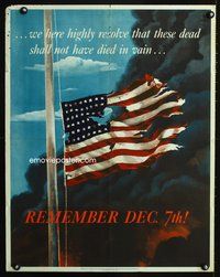 6a061 REMEMBER DEC. 7TH! war poster '42 art of tattered half-mast American flag by Allen Saalburg!