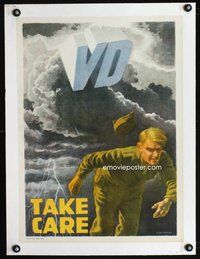 6a066 VD TAKE CARE linen war poster '46 art of soldier running from venereal disease by Schiffers!