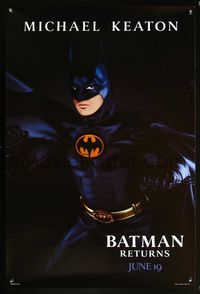6b067 BATMAN RETURNS teaser Keaton 1sh '92 cool image of Michael Keaton in the title role!