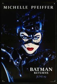 6b068 BATMAN RETURNS teaser Pfeiffer 1sh '92 sexy image of Michelle Pfeiffer as Catwoman!