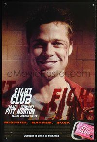 6b156 FIGHT CLUB advance 1sh '99 cool close-up portrait of smiling Brad Pitt!
