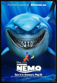 6b159 FINDING NEMO DS advance 1sh '03 Disney, Pixar, wacky image of fish running from giant shark!