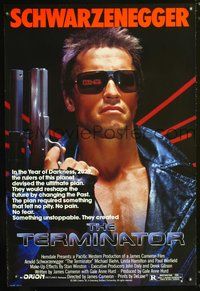6b366 TERMINATOR 1sh '84 super close up of most classic cyborg Arnold Schwarzenegger with gun!
