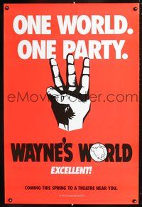 6b393 WAYNE'S WORLD teaser 1sh '91 Mike Myers, Dana Carvey, one world, one party, excellent!