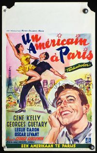 6c568 AMERICAN IN PARIS Belgian '51 wonderful Wik art of Gene Kelly dancing with sexy Leslie Caron!