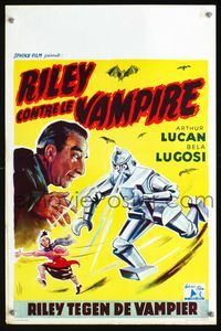 6c667 MOTHER RILEY MEETS THE VAMPIRE Belgian '52 wacky artwork of Bela Lugosi, robot chasing woman!